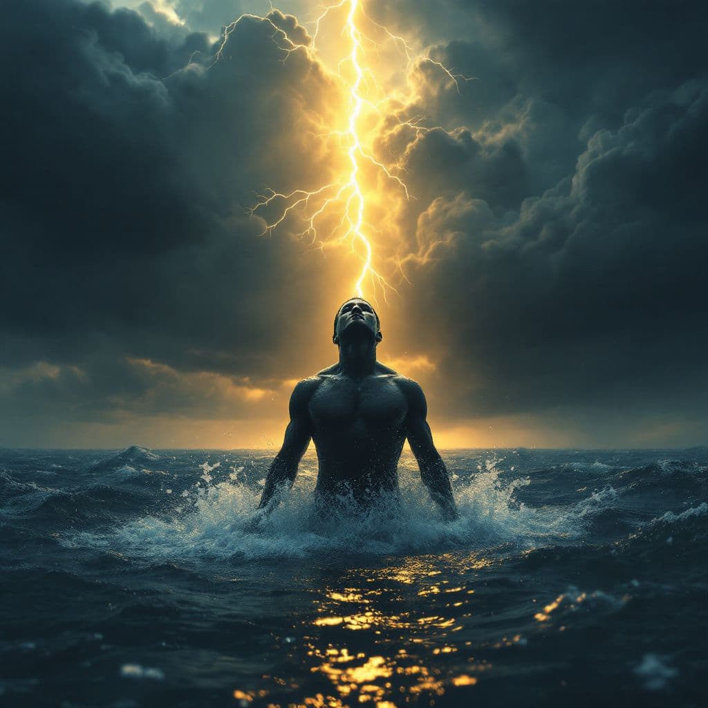 Classical AI Album Cover — A grand orchestral album cover depicting a figure rising from a stormy sea, surrounded by dark clouds and rays of light breaking through; dramatic and cinematic style, highly detailed, 8k resolution, with deep blues and grays contrasted by golden highlights, evoking a sense of resilience and renewal.