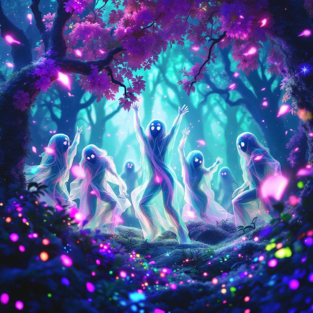 House AI Album Cover — A vibrant, ethereal album cover for 'Dancing Ghouls', featuring ghostly figures dancing in a neon-lit forest, psychedelic colors of blue, green, and pink; soft, glowing lights create a dreamy atmosphere, highly detailed, 8k resolution, whimsical, capturing the joy of house music