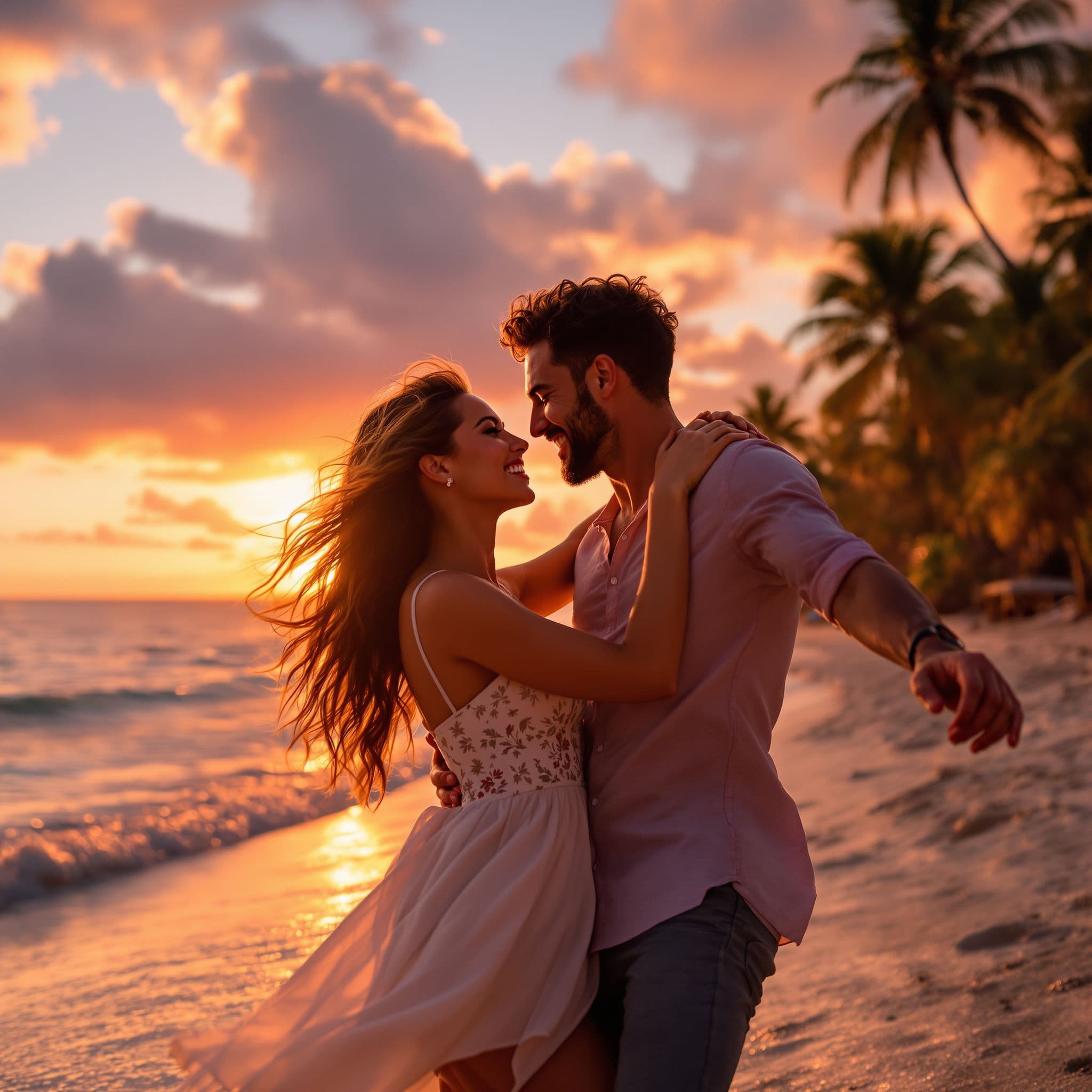 Reggaeton AI Album Cover — A lively beach scene at sunset featuring a couple dancing with joy, warm golden and pink tones, highly detailed with dramatic lighting and soft focus; photorealistic details in their expressions and movements, lush palm trees in the background, capturing the romantic and upbeat essence, 8k resolution, vibrant and fun atmosphere
