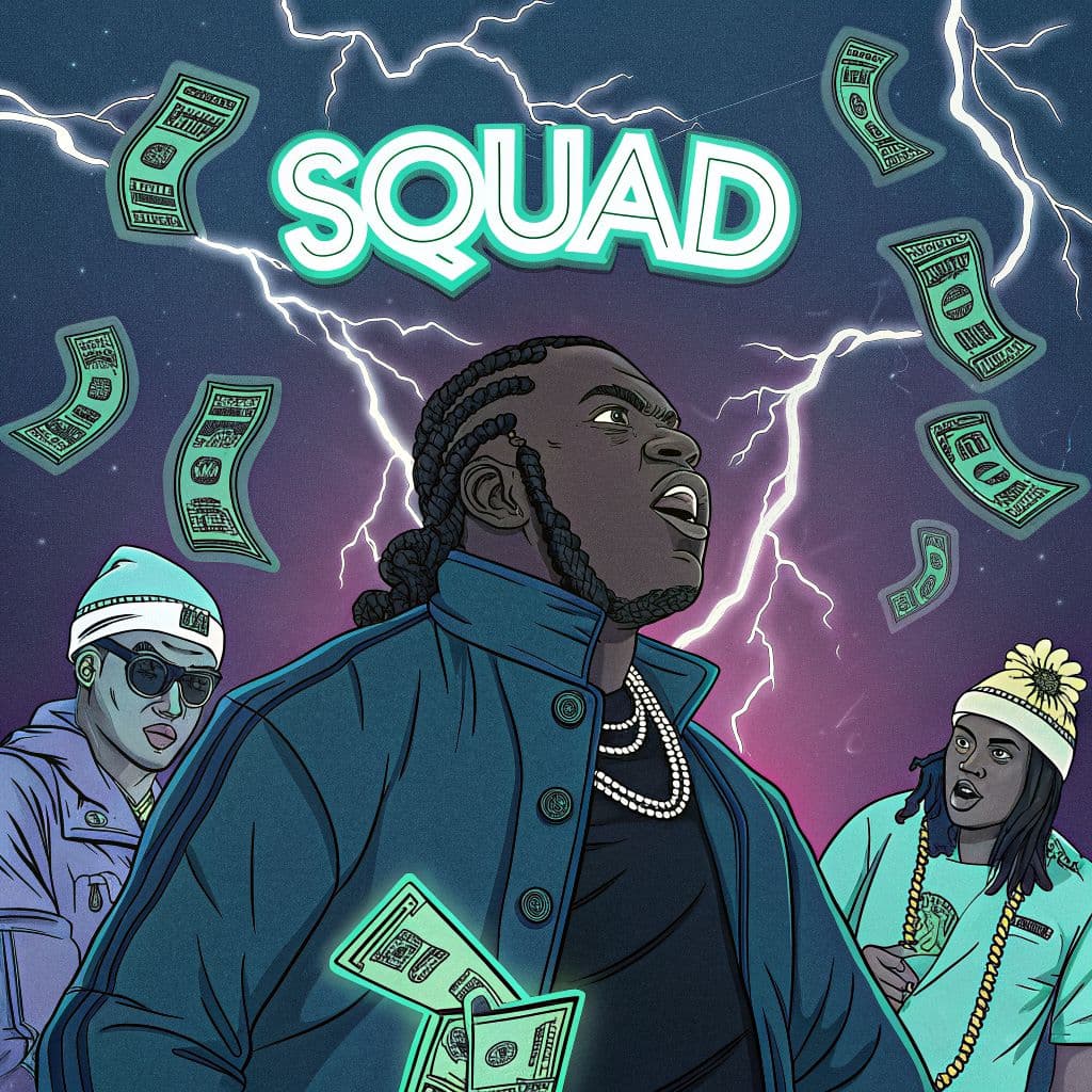 Trap AI Album Cover — A vibrant and stylized illustration for a trap album 'Squad,' featuring a powerful central figure surrounded by abstract representations of money and identity; bold colors like electric blue and neon green, dynamic angles, moody lighting, cartoonish vector art style, highly detailed, 8k resolution, energetic and confident vibe.
