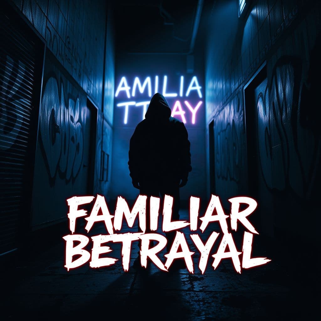 Hip-Hop AI Album Cover — A powerful hip-hop album cover for 'Familiar Betrayal', featuring a bold figure standing in a dark alley, shrouded in shadows; graffiti artwork in the background, neon lighting highlighting the title in stylized typography, deep blues and blacks create a moody atmosphere, highly detailed and sharp focus, 8k resolution