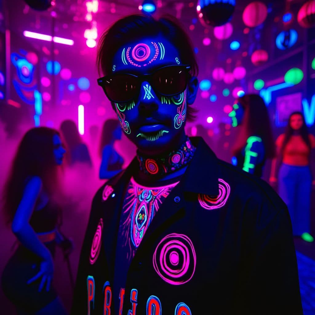 Dance AI Album Cover — A vibrant black light illustration of a mysterious man in a club, his face obscured, surrounded by swirling neon lights and dancing figures; psychedelic colors, smoke from cigarettes, disco ball reflections, high contrast, dynamic atmosphere, 8k resolution, highly detailed and playful composition
