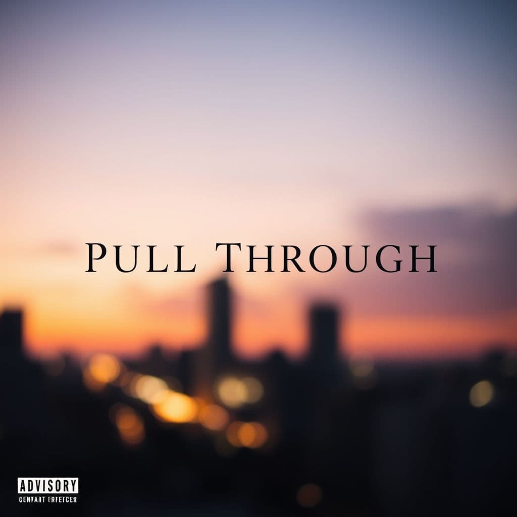 Rap AI Album Cover — An ethereal minimalist album cover featuring the title "Pull Through" in elegant typography, surrounded by a blurred cityscape at dusk; soft bokeh lighting creates a dreamy atmosphere, muted color palette with warm earth tones, highly detailed, professional quality, conveying love and longing in the rap genre.