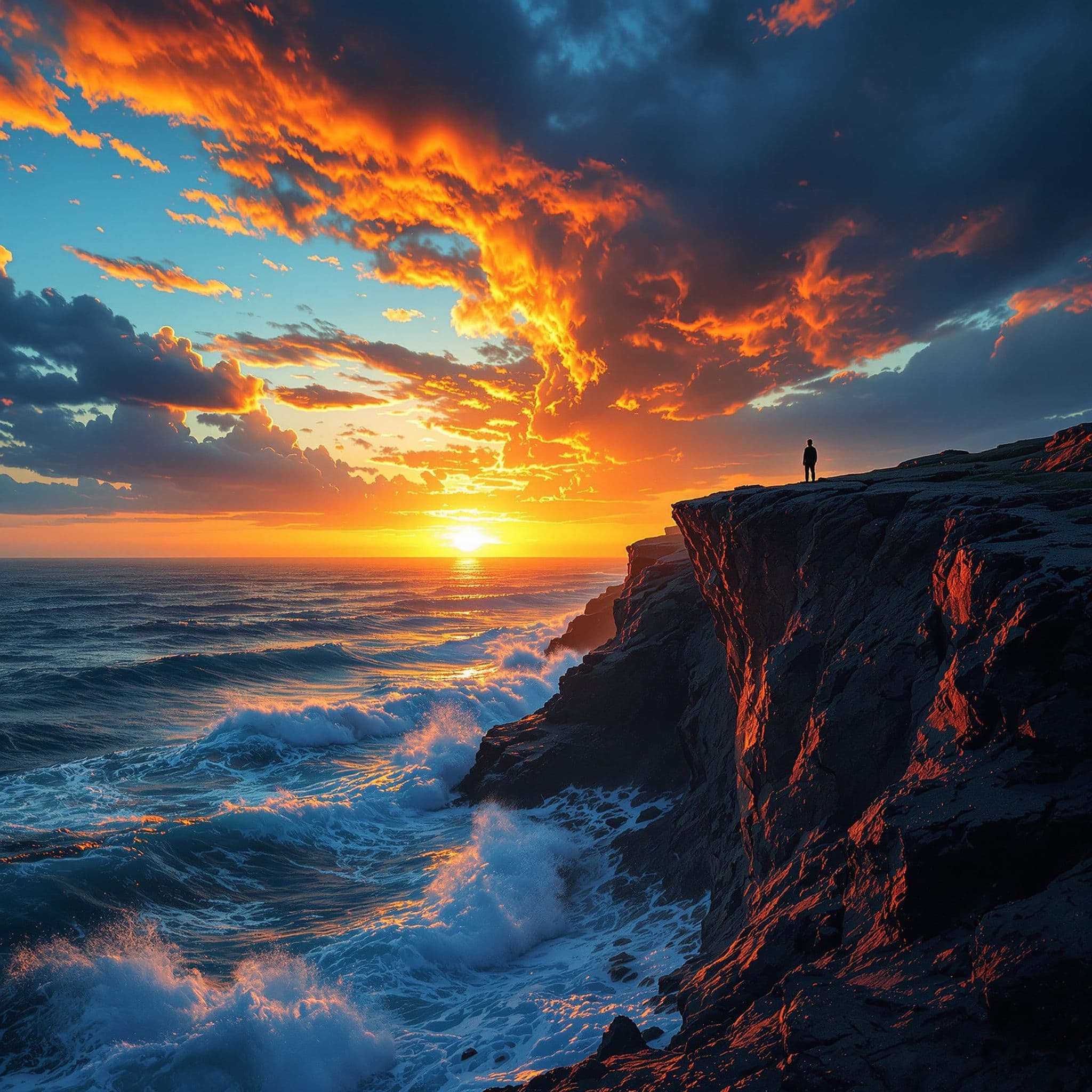 Rock AI Album Cover — A dramatic rock album cover featuring a lone figure on a cliff, overlooking a turbulent sea at sunset; cinematic lighting enhances the bold colors of the sky with deep blues, fiery oranges, and shimmering highlights; photorealistic quality with sharp focus, conveying a sense of solitude and emotion, 8k resolution