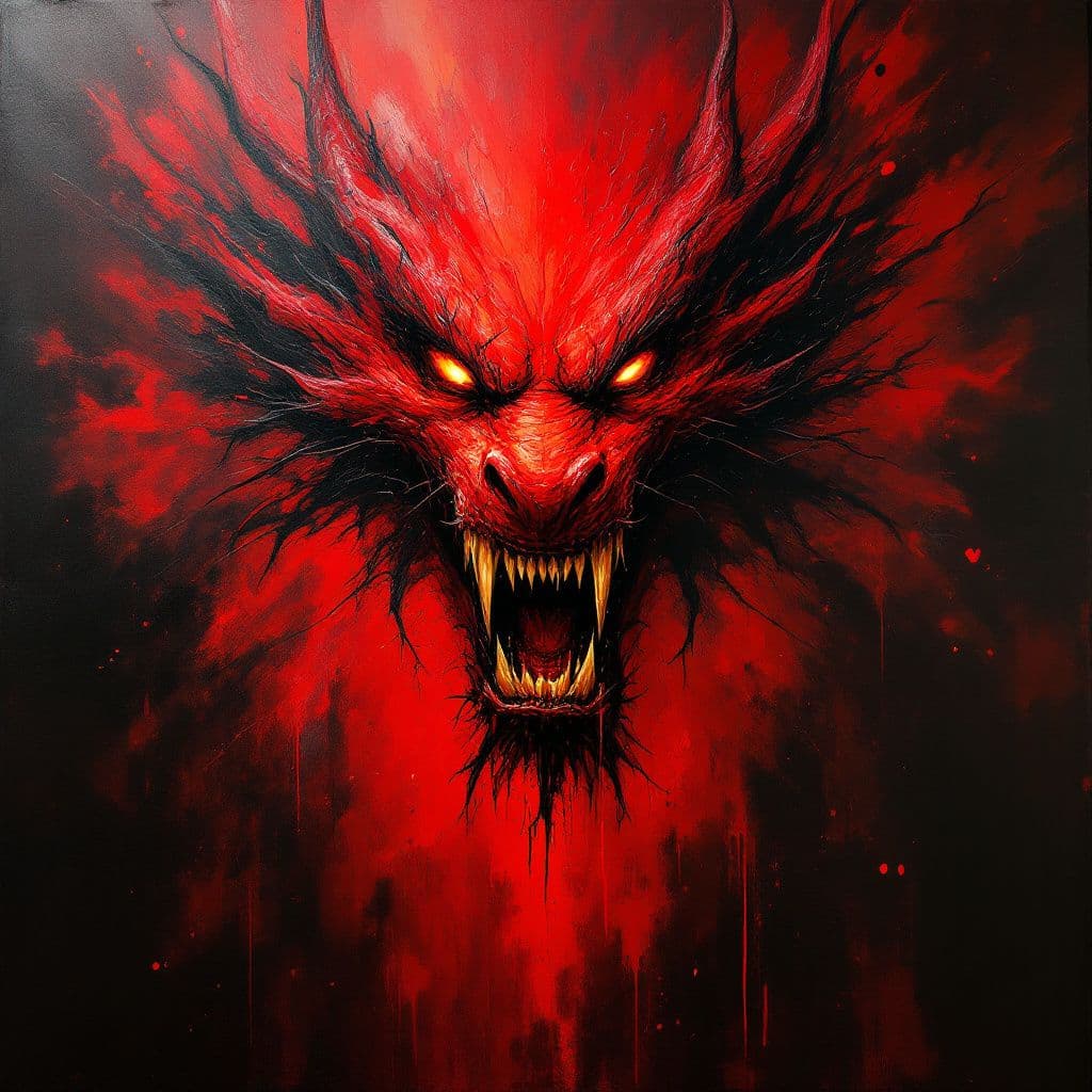 Funk AI Album Cover — A vibrant funk album cover featuring a red dragon's head painted dramatically against a chaotic black and red background; highly detailed with bold brush strokes, surreal lighting creating dynamic shadows, 8k resolution, capturing the energy and depth of the title 'Below the Surface', emphasizing movement and rhythm in the color palette.
