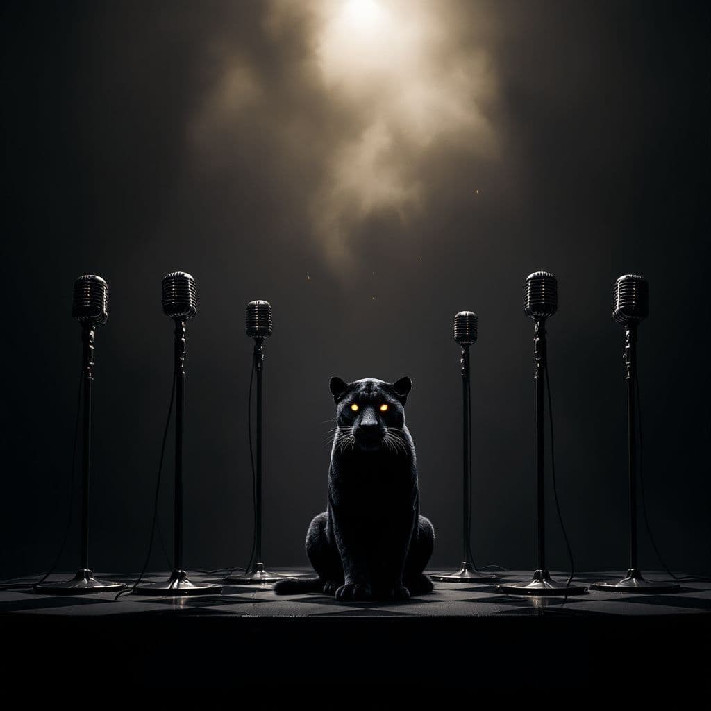 Hip-Hop AI Album Cover — A dark, moody album cover showcasing a minimalist concert stage with seven chrome microphones, one unique black microphone emitting glowing embers, a fierce black jaguar sitting regally in front, complemented by atmospheric lighting and a smoky backdrop, deep contrast and rich color tones, 8K quality, photorealistic.