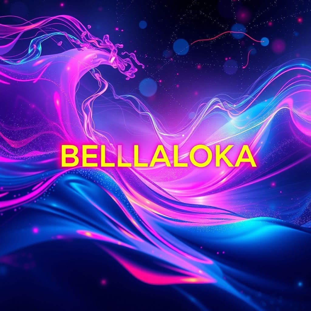 Latin AI Album Cover — A vibrant, surreal album cover for "BELLALOKA" with deep sliding 808 bass visualized as flowing waves of neon colors; atmospheric synths create abstract patterns in the background; cinematic lighting with a dreamy and mysterious mood; highly detailed, vivid colors, 8k resolution, integrating the title beautifully into the design
