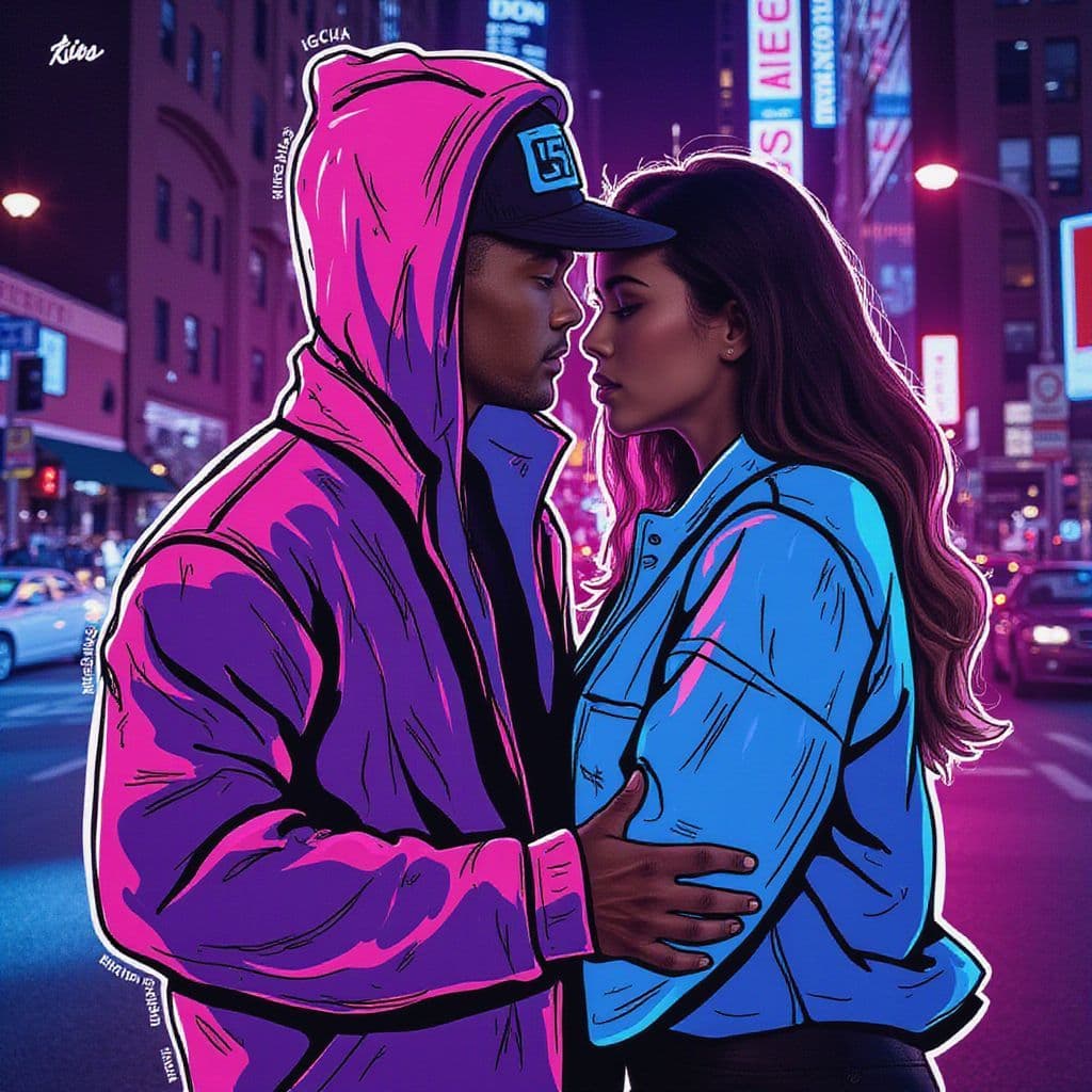 Rap AI Album Cover — A vibrant hip-hop love song cover featuring a romantic couple in an urban setting, half photo-realistic and half hand-drawn illustration; dynamic poses, bold colors with pink and blue hues, moody cinematic lighting, highly detailed, 8k quality, capturing intimacy and passion