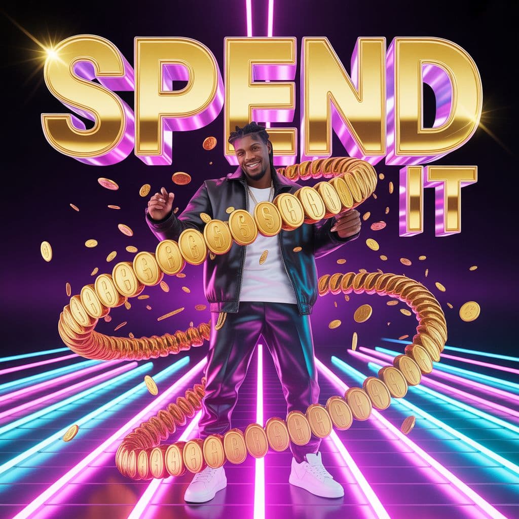 Rap AI Album Cover — A vibrant, energetic album cover for a rap song titled 'Spend it', featuring gold coins swirling around a confident character with a swagger stance; bold typography integrated, with the title 'Spend it' in flashy, metallic letters, set against a bright neon backdrop; dynamic lighting and upbeat atmosphere, highly detailed, 8K resolution