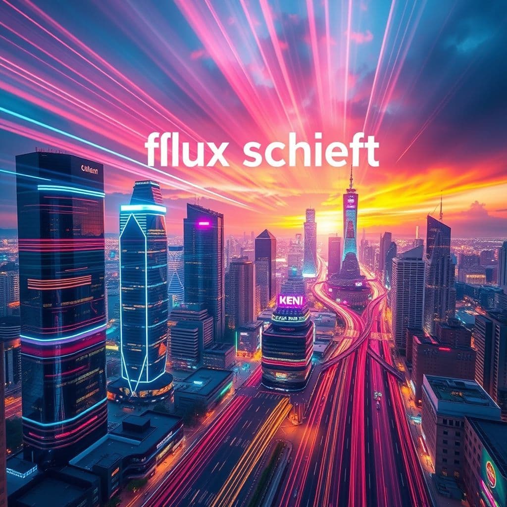 House AI Album Cover — An abstract visual with fragmented shapes and distorted reflections in a neon-lit room, showcasing the title "flux schnell" prominently; luminous light sources creating a dreamy atmosphere, blending cool and warm colors, highly detailed, 8k resolution