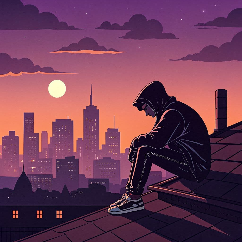 Hip-Hop AI Album Cover — A stylized hip-hop album cover featuring a reflective figure sitting on a rooftop at dusk, surrounded by cityscape silhouettes; vector art style with bold outlines, moody purple and orange sunset palette; soft glowing lights and subtle shadows, highly detailed, warm and somber atmosphere