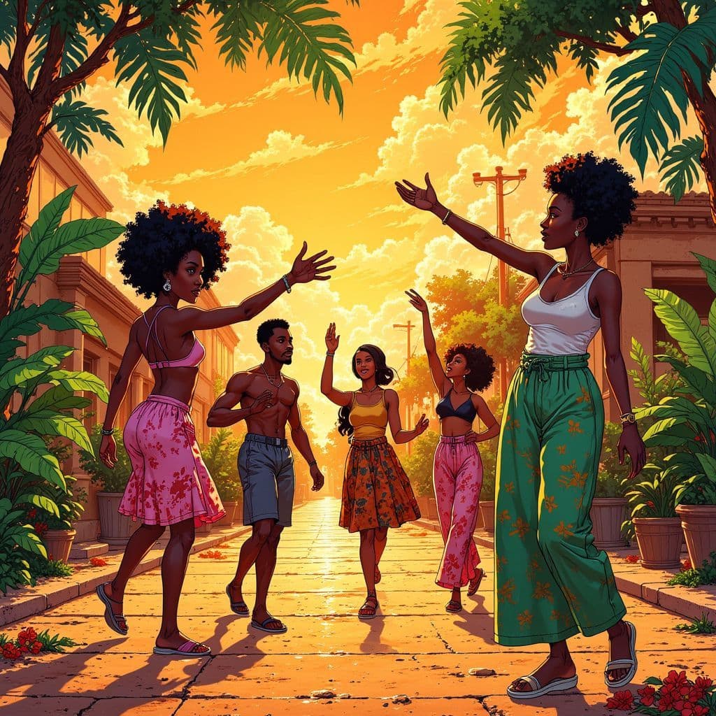 Afrobeat AI Album Cover — A vibrant Ghibsky-style illustration for an afrobeat album titled 'Dela Funk', featuring a lively street party scene with dancing figures, tropical plants, and colorful fabric patterns; warm sunlight creating an energetic atmosphere; rich hues of gold, green, and pink; highly detailed and whimsical, 8k resolution