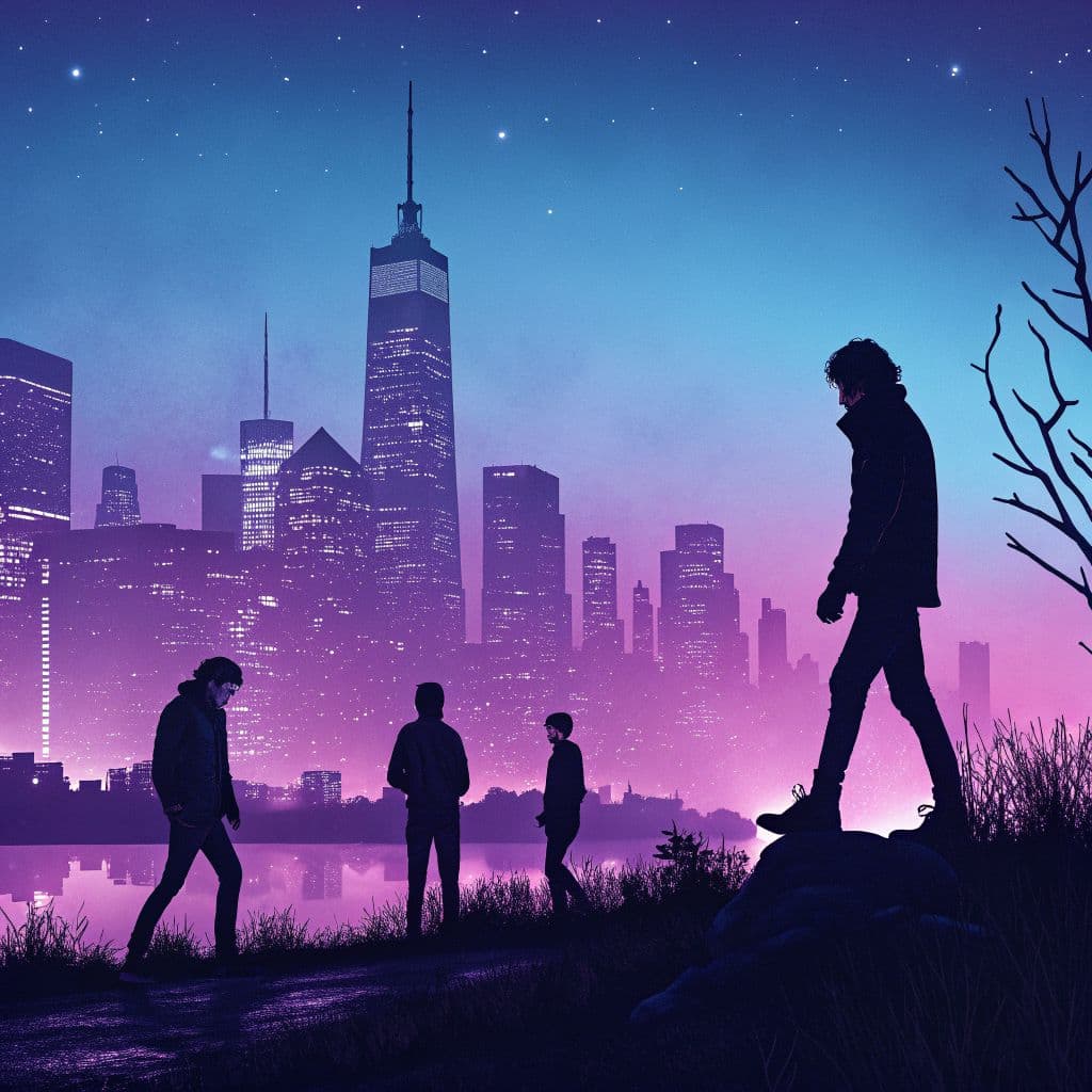 Trap AI Album Cover — A stylized illustration for the album 'Night Crawlers', featuring a glowing city skyline at night, with dark silhouettes of figures in dramatic poses; ethereal lighting, a vibrant purple and deep blue color palette, capturing a moody yet confident atmosphere; high contrast and sharp focus, dreamy and reflective aesthetic.