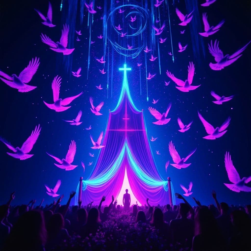 Indie AI Album Cover — A serene black light illustration for 'Ever Present Mercies' featuring an ethereal tent surrounded by gentle glowing doves and soft light rays; psychedelic colors of blues and purples for a dreamlike effect, highly detailed, capturing peace and worship, 8k resolution, balanced composition with a spiritual atmosphere