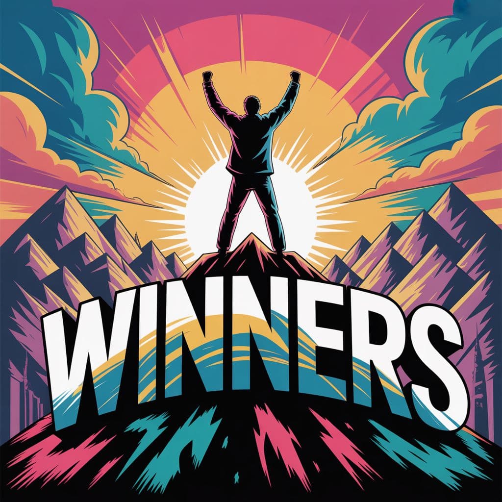 Hip-Hop AI Album Cover — A victorious figure standing atop a mountain peak, arms raised in triumph; dynamic street art style with bold, energetic colors, incorporating graffiti elements; the title 'Winners' integrated into the rocky foreground with strong, block lettering, vibrant sunset lighting creating a powerful atmosphere, highly detailed, 8k resolution, evoking resilience and determination