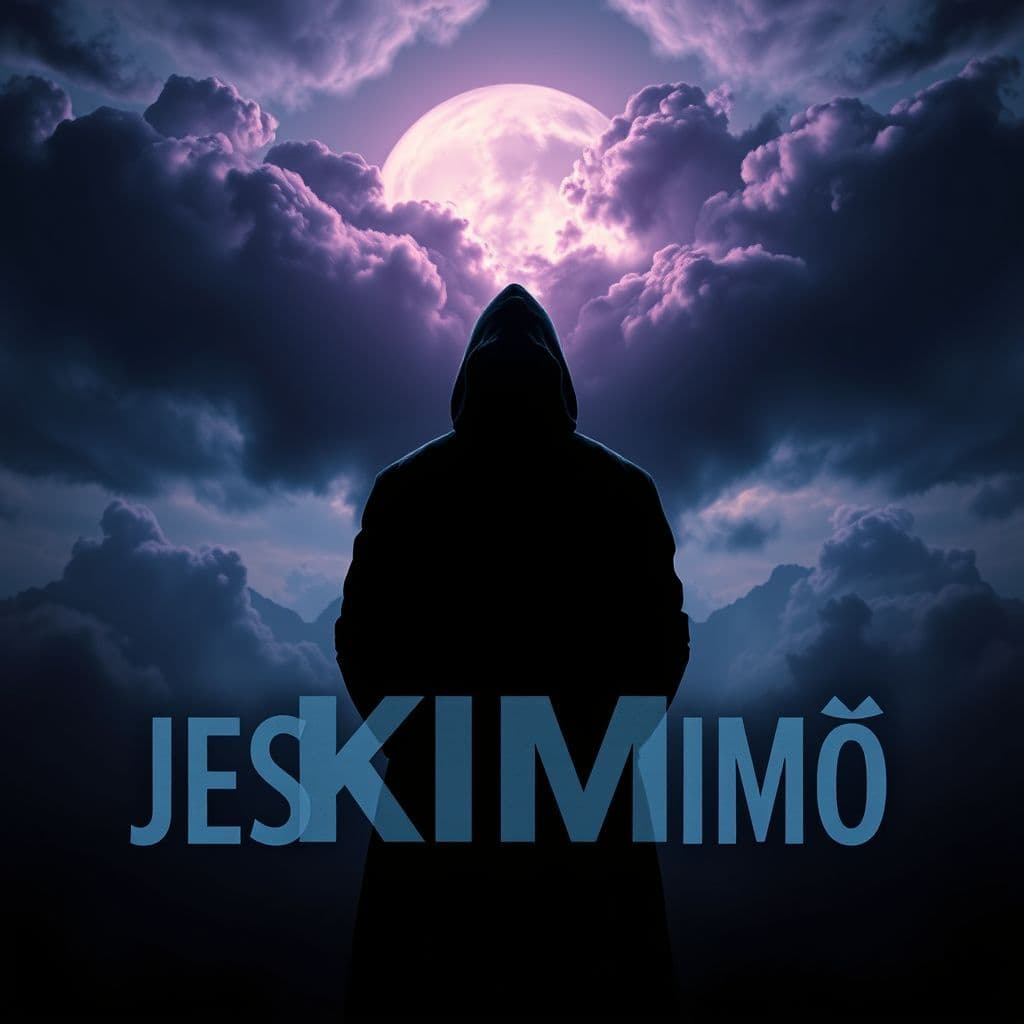 Trap AI Album Cover — A silhouette of a hooded figure against a backdrop of swirling dark clouds and abstract shapes; atmospheric lighting with hints of purple and blue, the title "JESTEM KIMŚ" stylized in a bold, modern font that blends into the surreal landscape; moody and mysterious vibe, photorealistic detail, 8k quality.