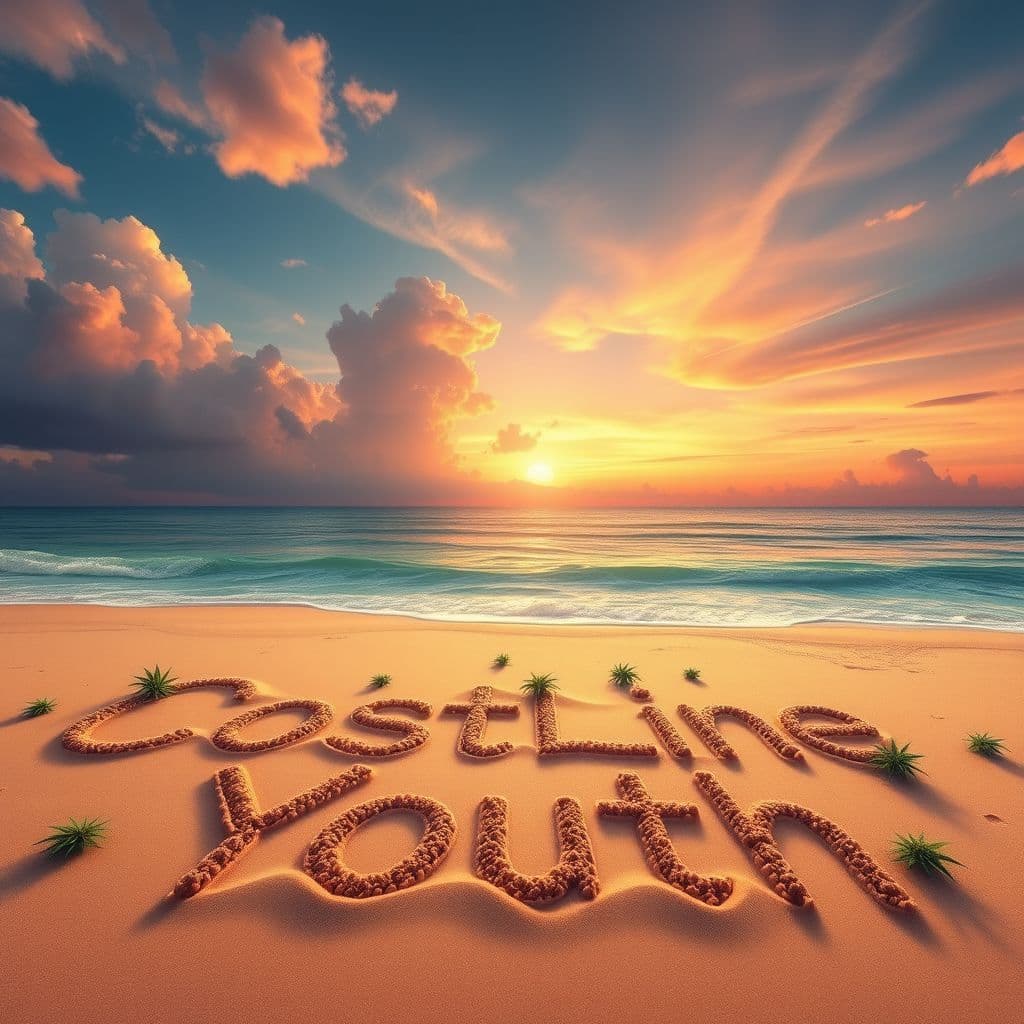Reggae AI Album Cover — An ethereal reggae album cover depicting a tranquil beachscape with a breathtaking sunset, the title "CostLine Youth" artfully carved into the sand, surrounded by tasteful marijuana arrangements, soft pastel hues and dreamlike clouds; highly detailed, 8k resolution, calming and peaceful vibe