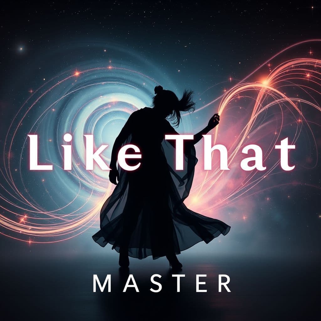 Techno AI Album Cover — An ethereal album cover titled "Like That", with a surreal background of swirling galaxies and stars, a silhouette of a dancer in motion creating light trails, moody lighting, contrasted colors, immersive and dreamy ambiance, high quality, 8k resolution.