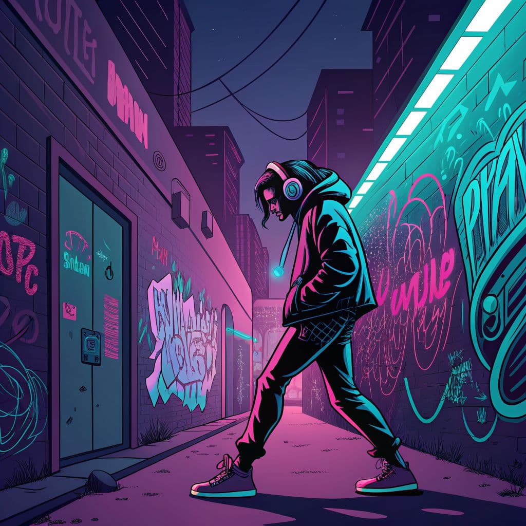 Trap AI Album Cover — An edgy urban street scene illustrated in a vibrant, stylized vector art style; a dynamic character with headphones striking a confident pose, graffiti-covered walls, neon colors of pink, blue, and green, contrasted with shadows, energetic and lively atmosphere, capturing the spirit of trap music, 8k resolution, highly detailed, engaging composition