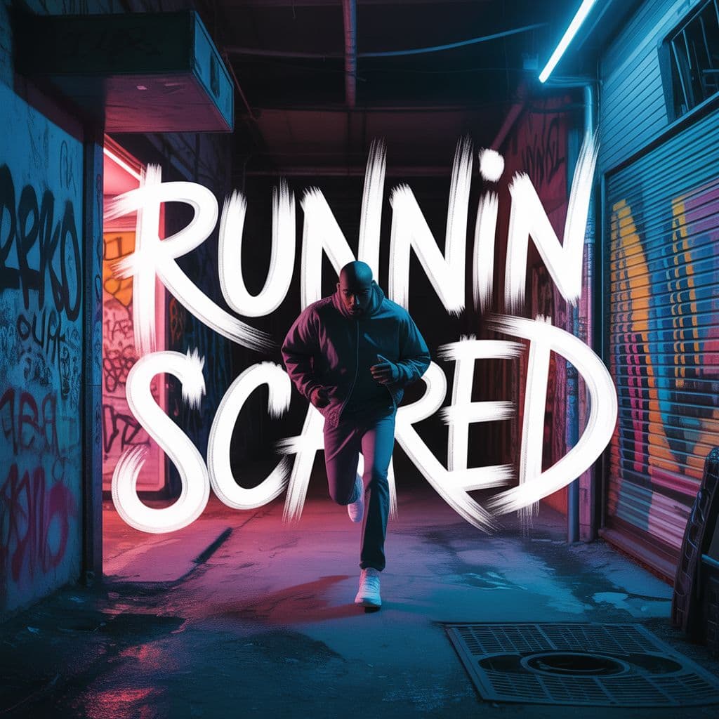 Hip-Hop AI Album Cover — A dynamic hip-hop album cover for 'Runnin Scared', featuring a shadowy figure running through an urban alleyway, graffiti walls, vibrant neon lighting casting moody shadows, hand-lettered title integrated into the background with a gritty, urban style; colors include deep blues and bright pinks, highly detailed, 8k resolution, capturing urgency and raw energy.