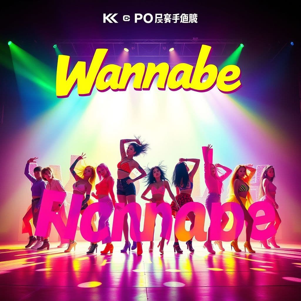 K-Pop AI Album Cover — A vibrant K-Pop album cover featuring dynamic silhouettes of dancers in colorful outfits, with 'Wannabe' integrated into the design in bold, playful typography; psychedelic colors, energetic poses, backlighting creating a lively atmosphere, highly detailed, 8k resolution, fun and energetic feel