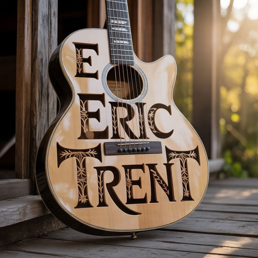 Country AI Album Cover — A close-up of a five-string guitar resting on a rustic wooden porch, warm sunlight filtering through trees; the title 'Eric Trent' intricately carved into the guitar body, earthy tones with hints of green and brown, melancholic yet inviting atmosphere, highly detailed, 8k resolution.