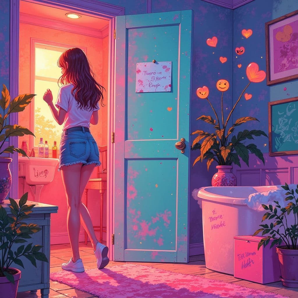 Pop AI Album Cover — A whimsical illustration of a young woman in a colorful room, nervously adjusting her outfit in front of a mirror, with vibrant hues of pink and teal; ethereal lighting, dreamy atmosphere, with heart shapes subtly glowing, surrounded by floating emojis symbolizing excitement, 8k resolution, highly detailed, reflecting the upbeat theme of anticipation and first date fever.