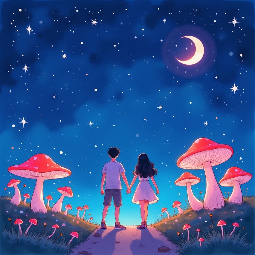 Indie AI Album Cover — A whimsical illustration for an indie album cover featuring a young couple holding hands beneath a starry night sky, surrounded by colorful mushrooms glowing softly, ethereal and dreamy atmosphere, vibrant blues and purples, highly detailed with delicate line work, capturing emotions of longing and connection, 8k resolution