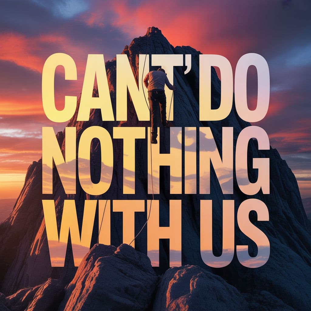 Rap AI Album Cover — A powerful rap album cover depicting a climber scaling a rugged mountain peak, symbolizing struggle and success; bold typography for the title 'Cant Do Nothing With US' integrated into the rocky landscape, heavy font weight, vibrant sunset colors with deep oranges and purples, highly detailed and photorealistic, dramatic lighting casting shadows, 8k resolution, cinematic atmosphere.