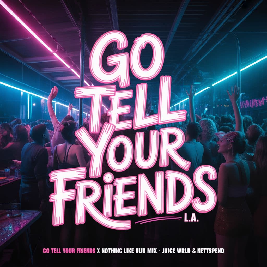 Rap AI Album Cover — A vibrant party scene in L.A., featuring neon lights and silhouettes of diverse figures enjoying a celebration, integrated hand-drawn typography for the title 'Go Tell Your Friends' with a bold, playful style, colors: electric blue and hot pink, moody atmosphere with shimmering reflections, 8k resolution, highly detailed