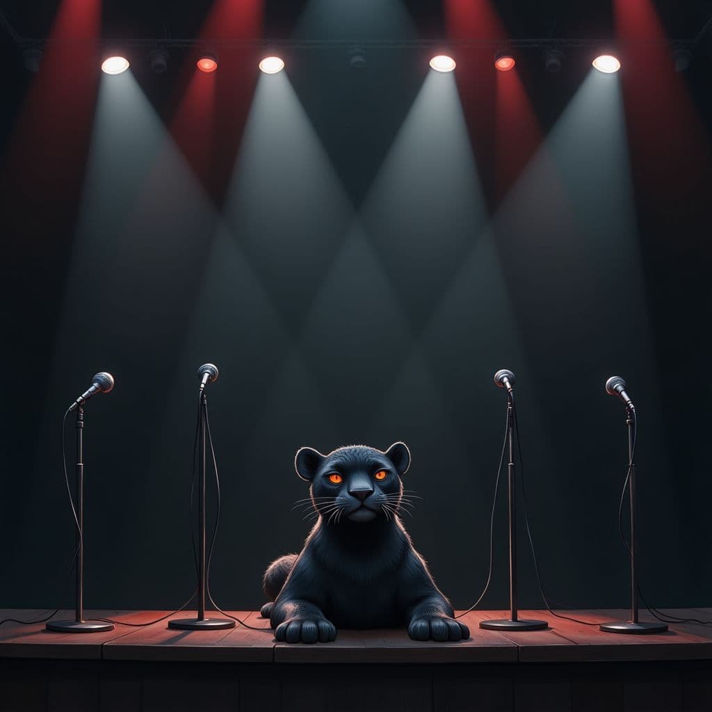 Hip-Hop AI Album Cover — A dark, empty concert stage with seven microphones, one black and glowing with embers, at the forefront a relaxed black jaguar with crimson eyes; dramatic overhead lighting creates strong contrasts and shadows, photorealistic quality, 8K resolution, moody and gritty atmosphere, color palette of black, silver, and deep crimson.