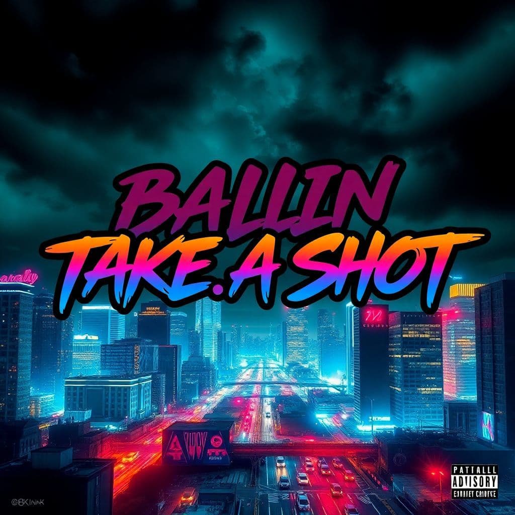 Rap AI Album Cover — A vibrant trap-inspired album cover featuring a dynamic city skyline at night with neon lights, incorporating the title "Ballin Take.A Shot" in bold graffiti-style typography; moody lighting and a dark color palette with splashes of bright colors, high detail, urban aesthetic, 8K resolution