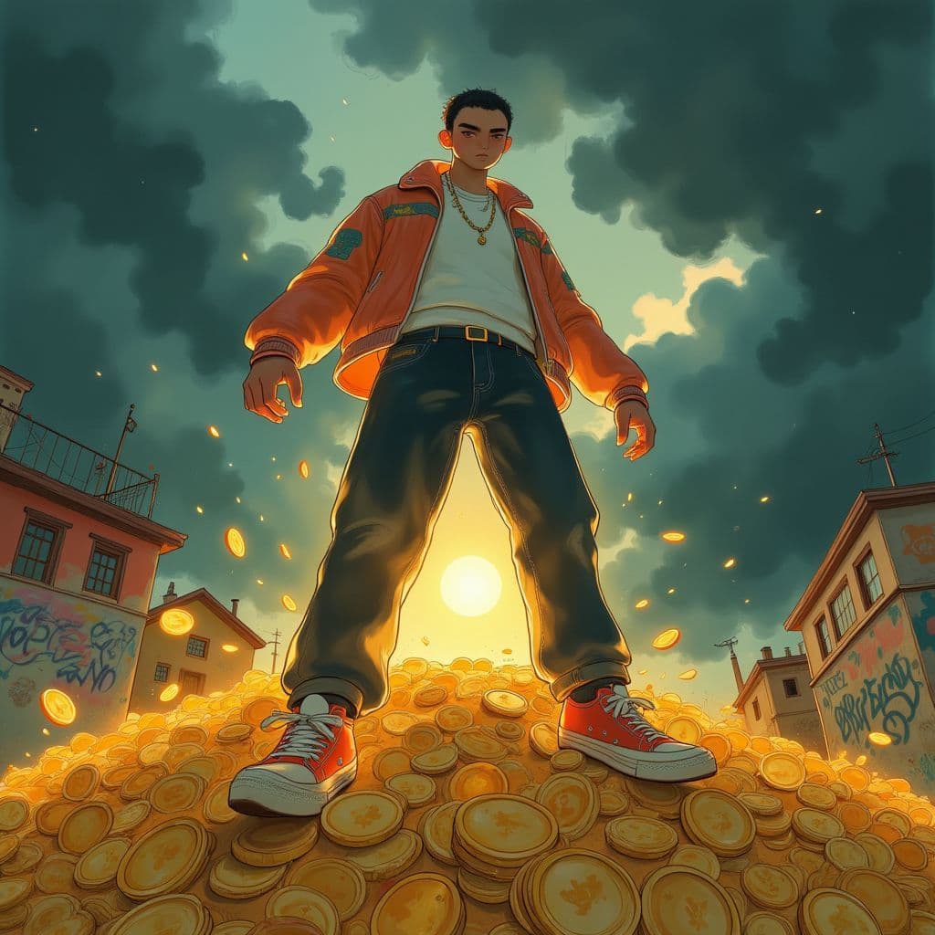 Rap AI Album Cover — A powerful hip hop album cover featuring a strong young man standing triumphantly on a pile of gold coins under a stormy sky, surrounded by graffiti art; vibrant color palette with contrasting dark and gold tones, highly detailed, cinematic lighting, capturing strength and success, 8k resolution