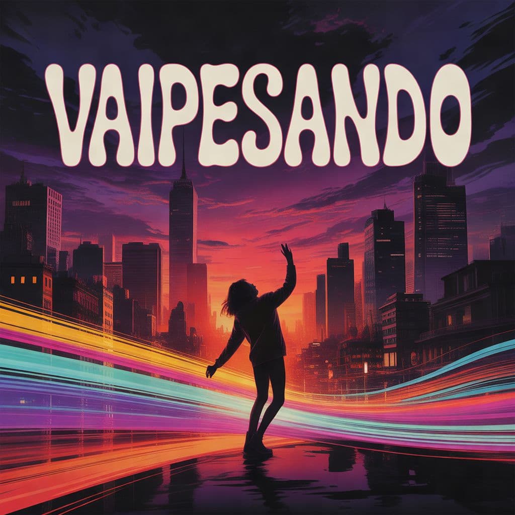 Funk AI Album Cover — A vibrant album cover for 'VAIPESANDO', featuring a silhouette of a figure dancing in a city at twilight, surrounded by colorful light streams; typography integrated into the skyline with fluid, psychedelic lettering; warm hues of orange and purple, moody atmospheric lighting, highly detailed, 8k resolution, evokes a sense of desire and rhythm.