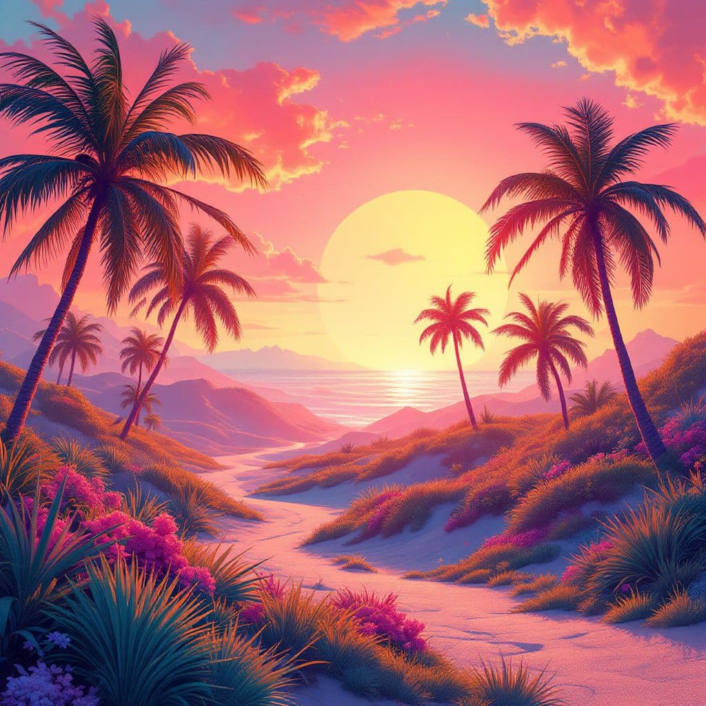 Electronic AI Album Cover — A vibrant, dreamy album cover capturing a warm summer vibe with sun-drenched landscapes, stylized palm trees in silhouette against a colorful sunset sky; ethereal lighting and soft focus, using shades of orange, pink, and teal; highly detailed, 8k resolution, expresses nostalgia and joy, perfect for electronic music.