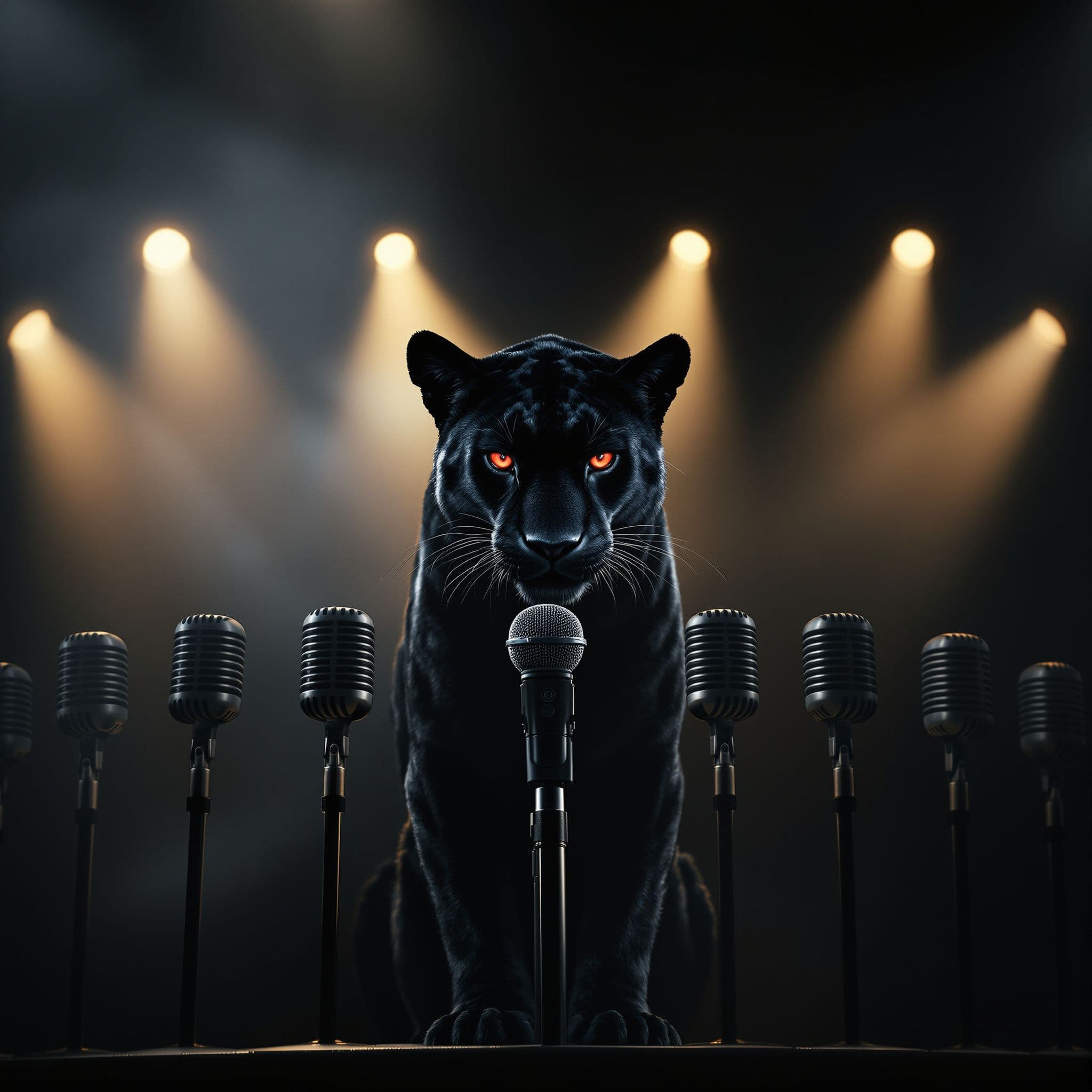 Hip-Hop AI Album Cover — An ethereal stage scene illuminated by strong overhead lights, showcasing seven microphones in a perfectly straight line; a powerful black jaguar with reflective fur and intense crimson eyes centered before the glowing black microphone; atmospheric haze and shadows, cinematic and photorealistic style, high contrast, 8K resolution, rich charcoal and silver tones