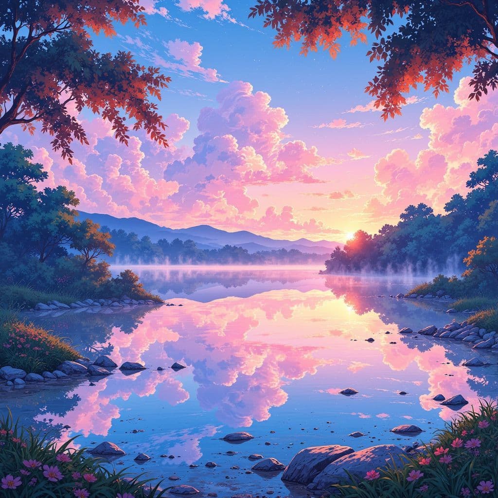 Folk AI Album Cover — A whimsical, ethereal illustration of a tranquil lake at dawn, featuring a soft mist rising over the water with dawn light spilling through dew-covered leaves; inspired by Ghibsky style, vibrant pastel colors of pink and blue, highly detailed with a dreamy atmosphere, 8k resolution.