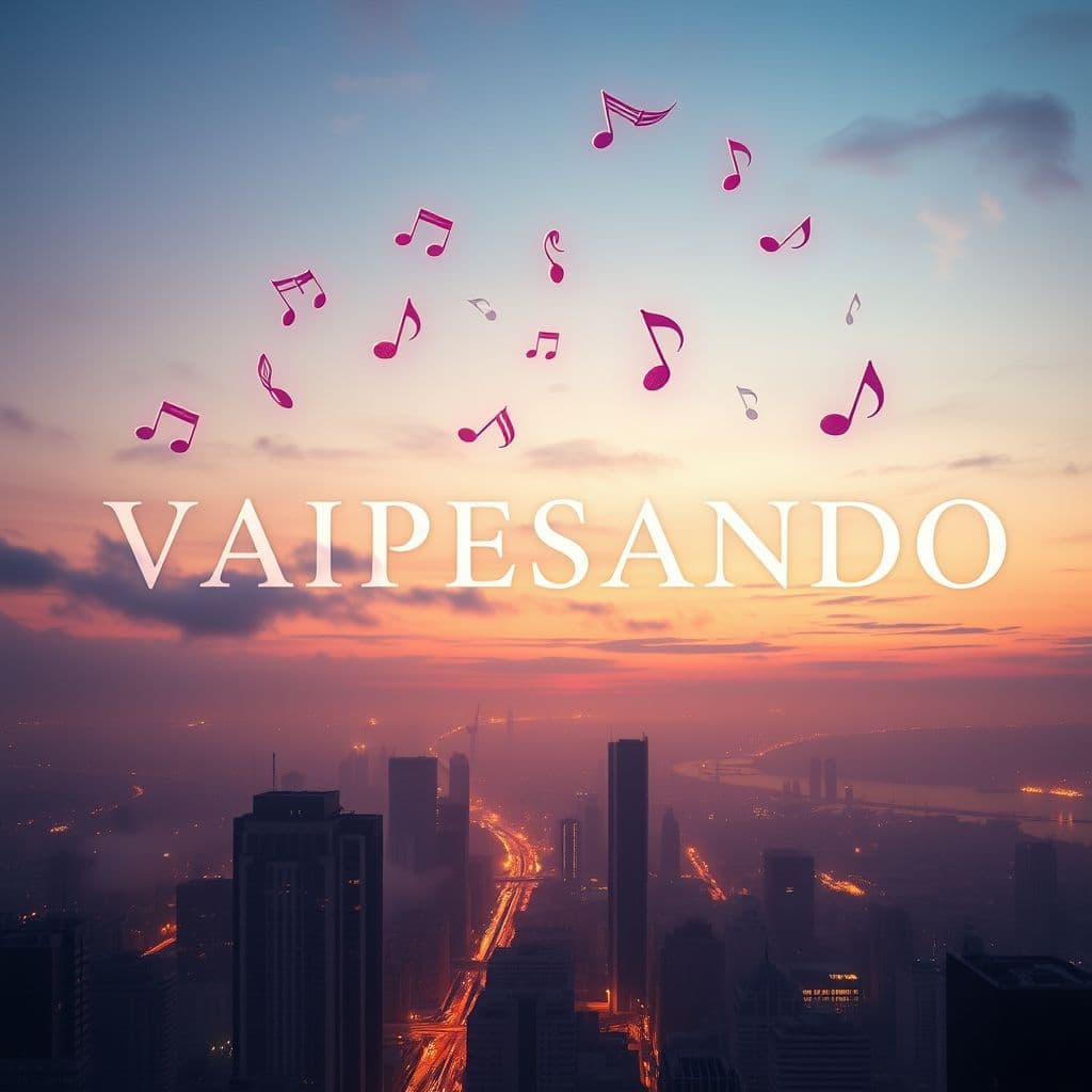 Funk AI Album Cover — A surreal album cover showcasing a dreamy cityscape at dusk with floating musical notes; the title 'VAIPESANDO' elegantly woven into the skyline, using ethereal hues of purple and gold, reflecting a sense of longing, deeply emotional, photorealistic, sharp focus, high quality