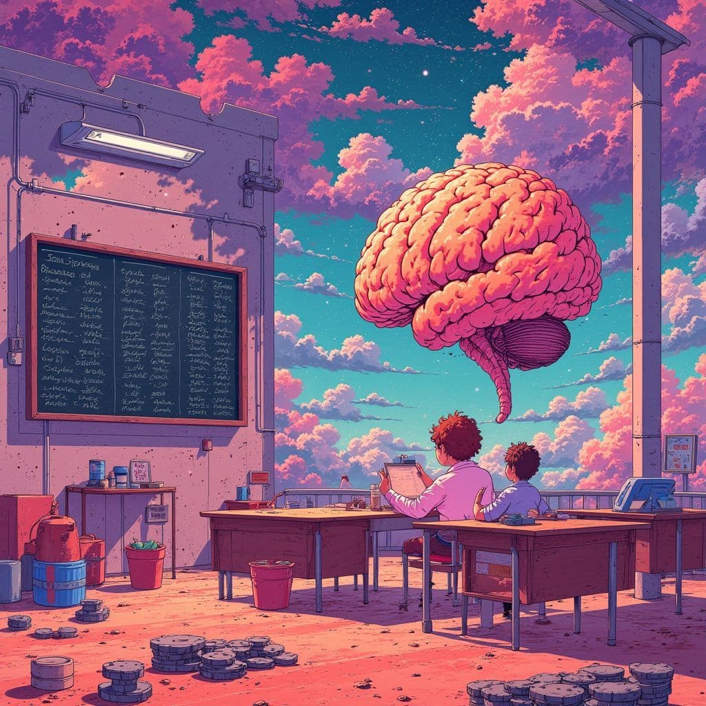 Pop AI Album Cover — A vibrant pop album cover illustrating a surreal classroom setting, where a giant brain and gears symbolize 'conductismo'; pastel colors merging with brighter hues, soft and ethereal lighting, highly detailed illustration, evoking both a sense of learning and repetition, 4K resolution, whimsical and engaging atmosphere