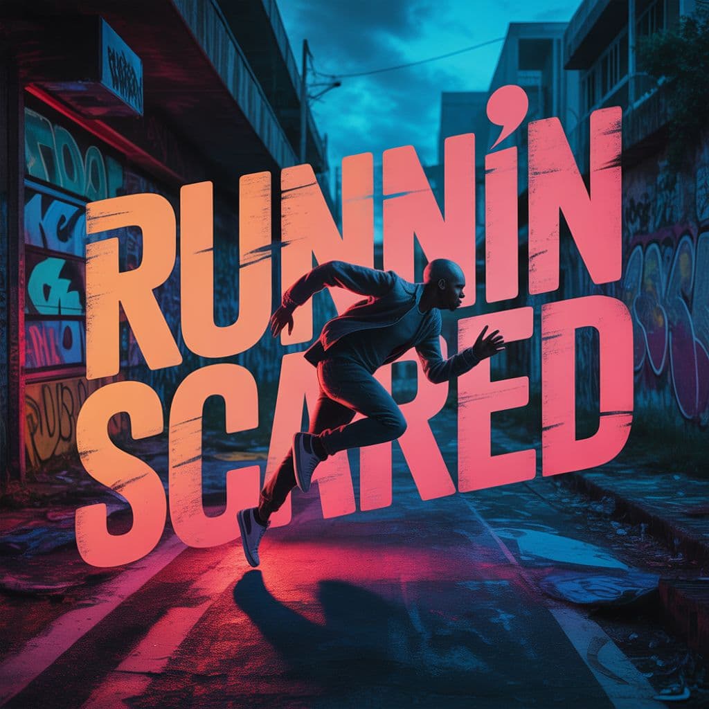 Hip-Hop AI Album Cover — A dynamic hip-hop album cover titled 'Runnin Scared,' featuring a shadowy figure sprinting through a gritty urban landscape at dusk; graffiti walls, dramatic lighting casting long shadows, vibrant red and blue color palette, bold typography integrated into the scene with a street art style, highly detailed, cinematic atmosphere, 8k resolution