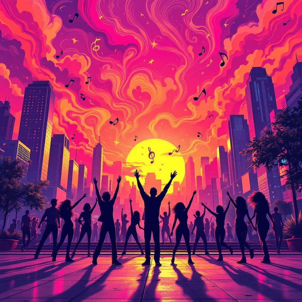 Funk AI Album Cover — A vibrant funk album cover featuring a lively cityscape with dancing silhouettes against a psychedelic sunset; bold colors like pink and orange, with swirling patterns and musical notes in the air, energetic atmosphere, highly detailed, 8K resolution, captures the essence of joy and rhythm.