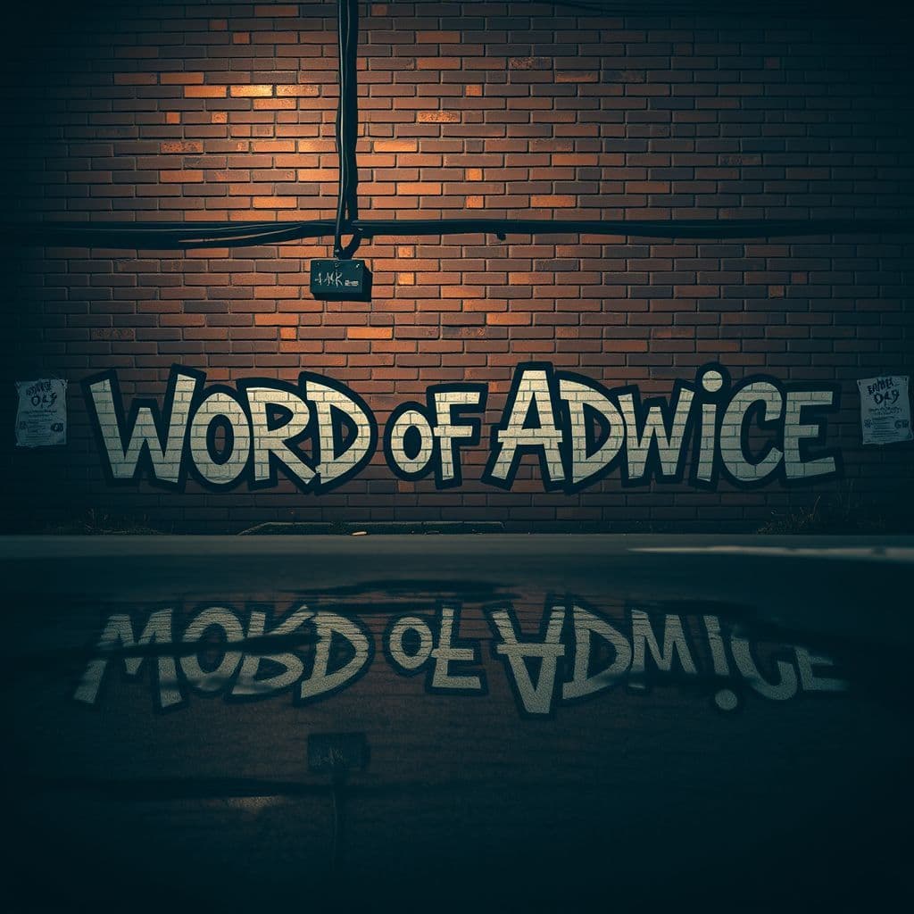 Hip-Hop AI Album Cover — A reflective hip-hop album cover with the title "Word of Advice" integrated as graffiti art on a brick wall; moody urban setting, cinematic lighting, deep shadows, and earthy tones; emotive and somber atmosphere, highly detailed with texture, 8k resolution.