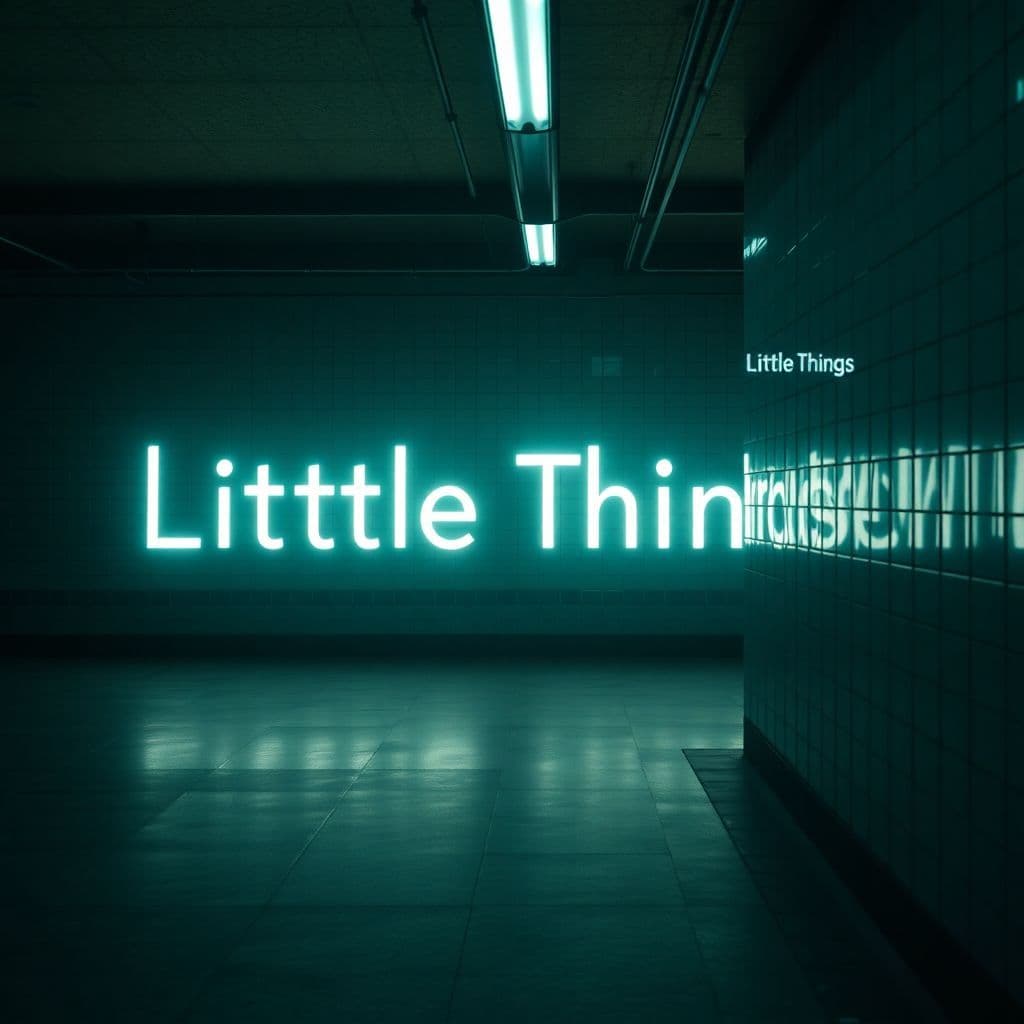 R&B AI Album Cover — A moody subway station illuminated by soft neon lights, featuring the text "Little Things" integrated into the wall with an ethereal glow; atmospheric and contemplative vibe, photorealistic details, cinematic lighting, dark blues and warm highlights, 8k resolution, capturing the essence of intimate RnB melodies.