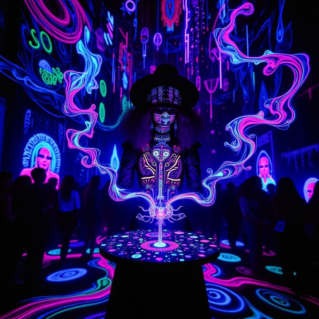 Chillout AI Album Cover — A black light album cover featuring a mesmerizing magician conjuring vibrant, swirling colors and ethereal lights in a dark, dreamy space; psychedelic design with glowing patterns, a mix of blues and purples, high detail, 8k, surreal atmosphere, enchanting and tranquil feel.
