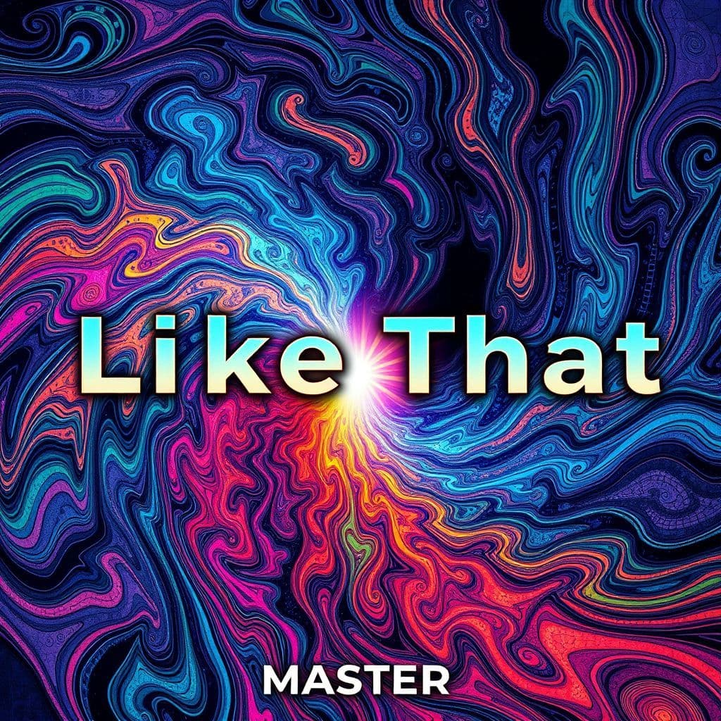 Techno AI Album Cover — A psychedelic album cover titled "Like That", showcasing swirling patterns and vibrant colors forming a rhythmic wave, light emanating from the center with a sense of movement, layered textures, highly detailed, 8k resolution, visually captivating.