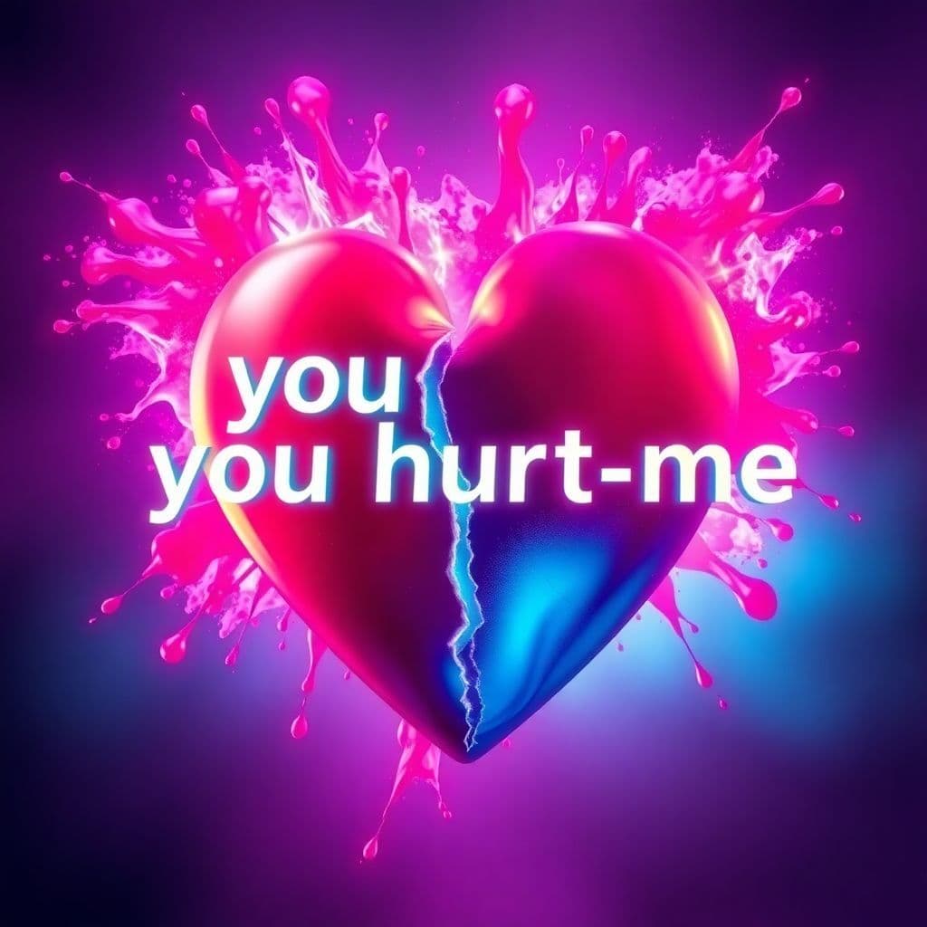 Dance AI Album Cover — A vibrant dance album cover featuring a broken heart with colorful abstract splashes around it, integrating the title "you-hurt-me_C2mZupwd" in bold, glowing typography; surreal lighting effects, gradient colors of pink and blue, highly detailed design, 8k resolution, energetic and emotional vibe