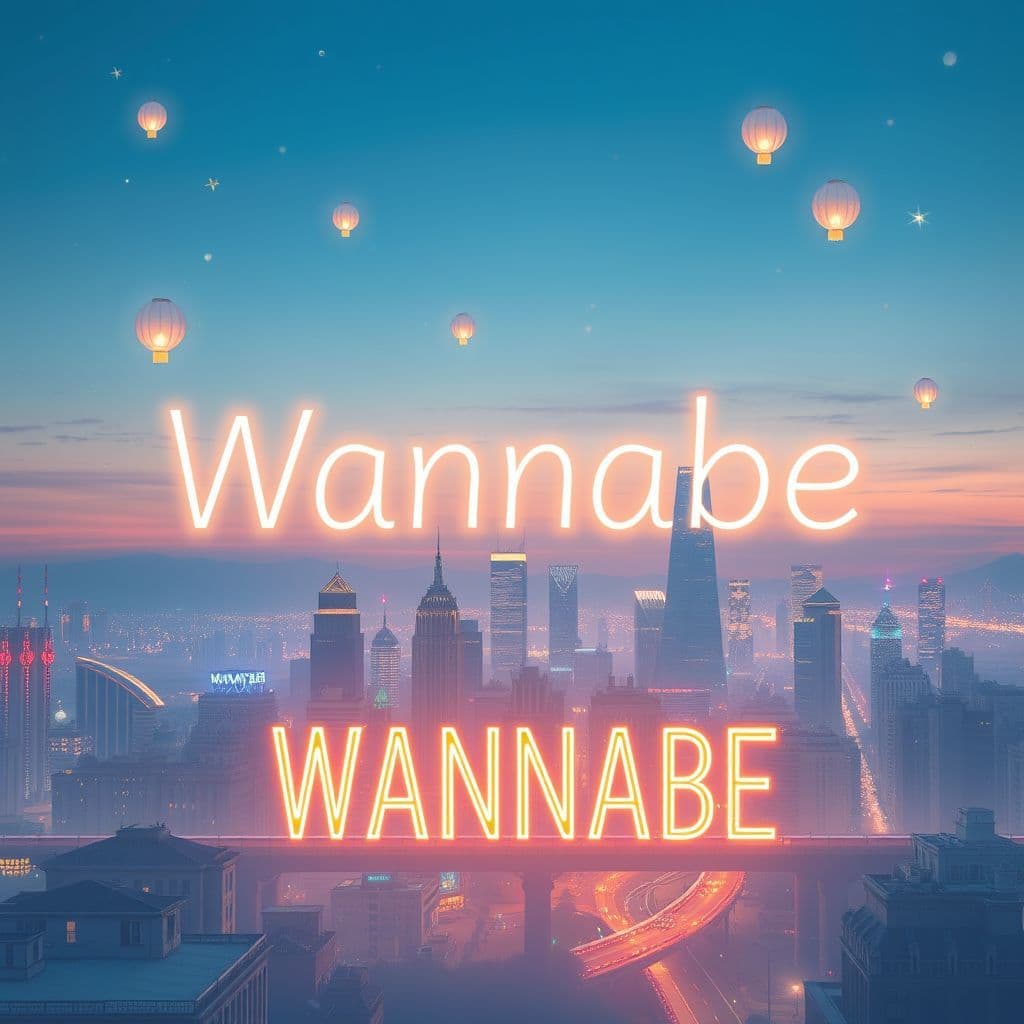 K-Pop AI Album Cover — An ethereal K-Pop music cover depicting a dreamy cityscape at twilight, the title 'Wannabe' glowing in neon against the skyline; surreal elements like floating lanterns and sparkles, pastel color palette, soft lighting enhancing the whimsical atmosphere, photorealistic, high quality, enchanting and joyful