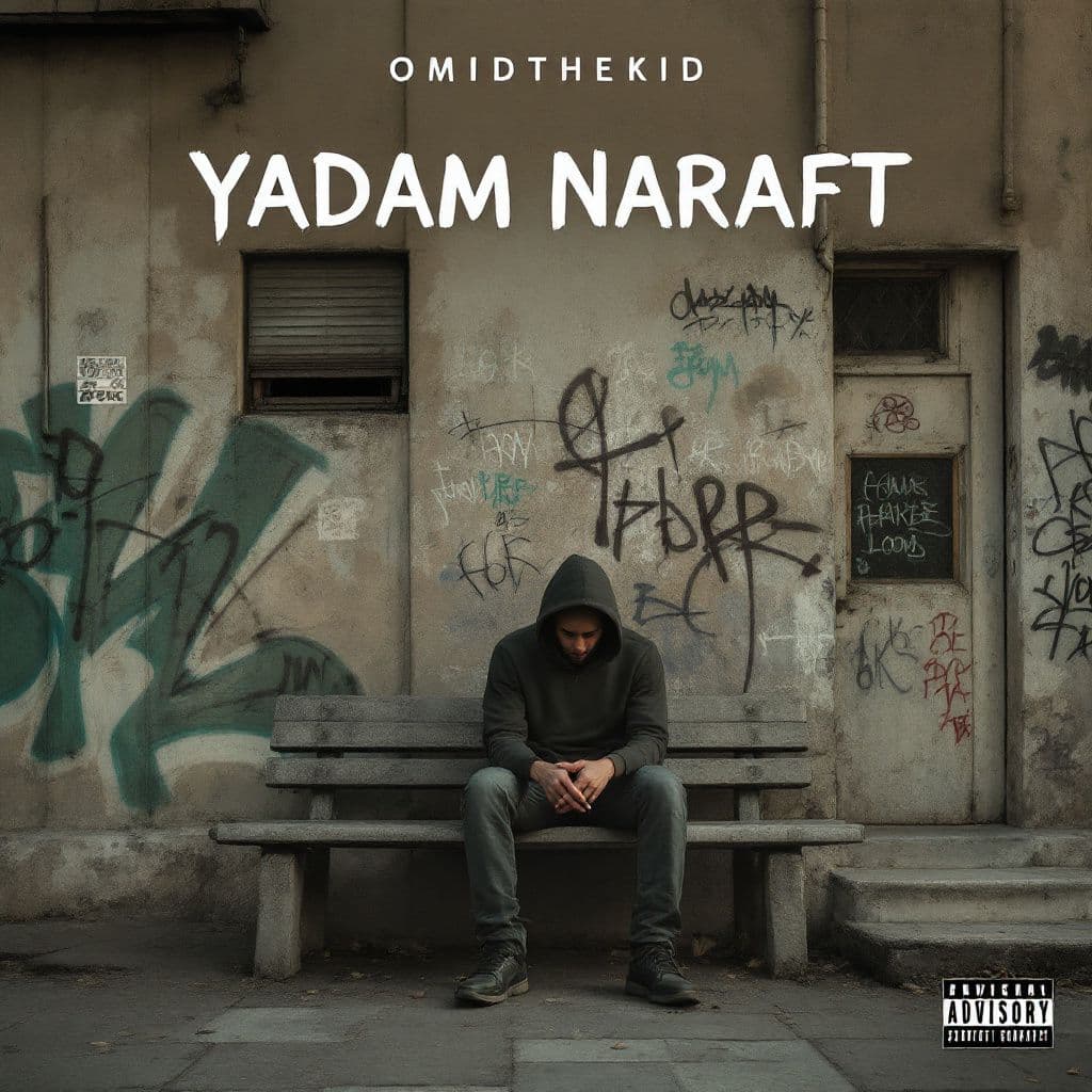 Hip-Hop AI Album Cover — A minimalist album cover for 'Yadam Naraft' by OmidTheKid, featuring a lone figure sitting against a cityscape backdrop, urban graffiti style, soft lighting with a touch of warmth, muted color palette with subtle hints of green and blue, 8k resolution, highly detailed and professional, capturing an emotional reflection, a sense of nostalgia and struggle.