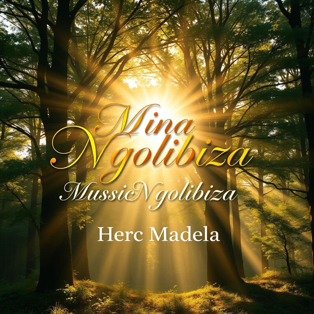 Gospel AI Album Cover — A serene gospel music album cover featuring a radiant sunburst illuminating a tranquil forest setting, the title "Mina Ngolibiza" integrated into the trees with elegant, flowing typography; ethereal lighting, warm color palette with gold and green tones, highly detailed, peaceful and uplifting atmosphere, 8k resolution