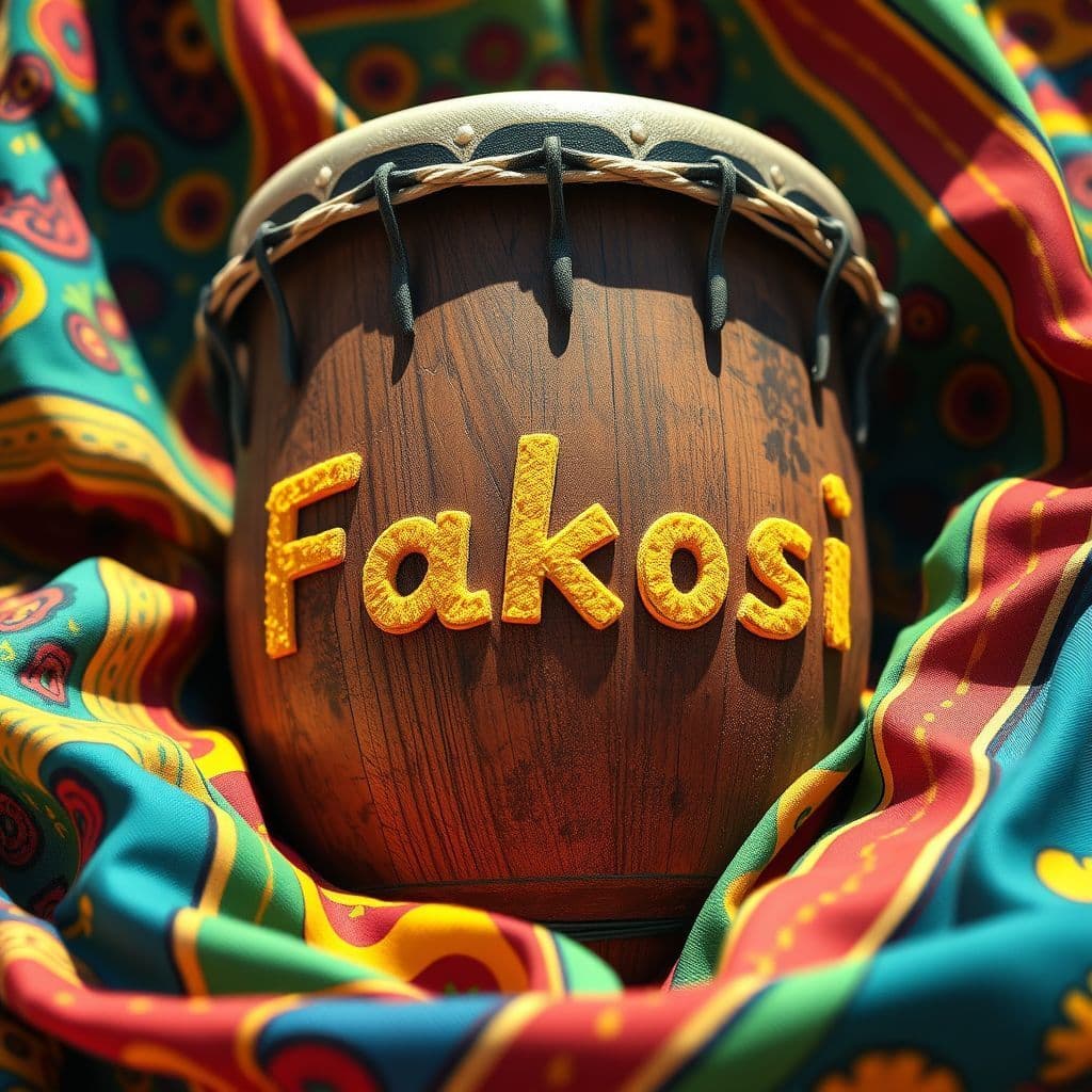 Afrobeat AI Album Cover — A minimalist design featuring a close-up of a traditional African drum surrounded by colorful fabric; the title "Fakosi" integrated into the fabric patterns, bright and cheerful atmosphere, sunny lighting, vivid colors, professional quality, sharp focus, 8k resolution